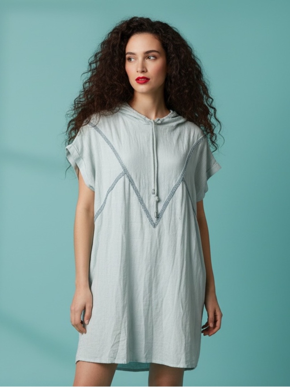 Goa Blue Green Linen Blend Metallic Rick Rack Boho Hoodie Dress Size M